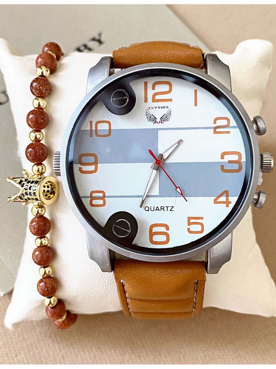 Ceas barbat maro cu bratara din piele ecologica si cadran cu gri