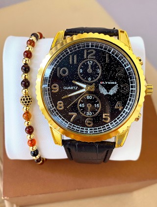 Ceas barbat negru cu bratara din piele ecologica si cadran cu auriu