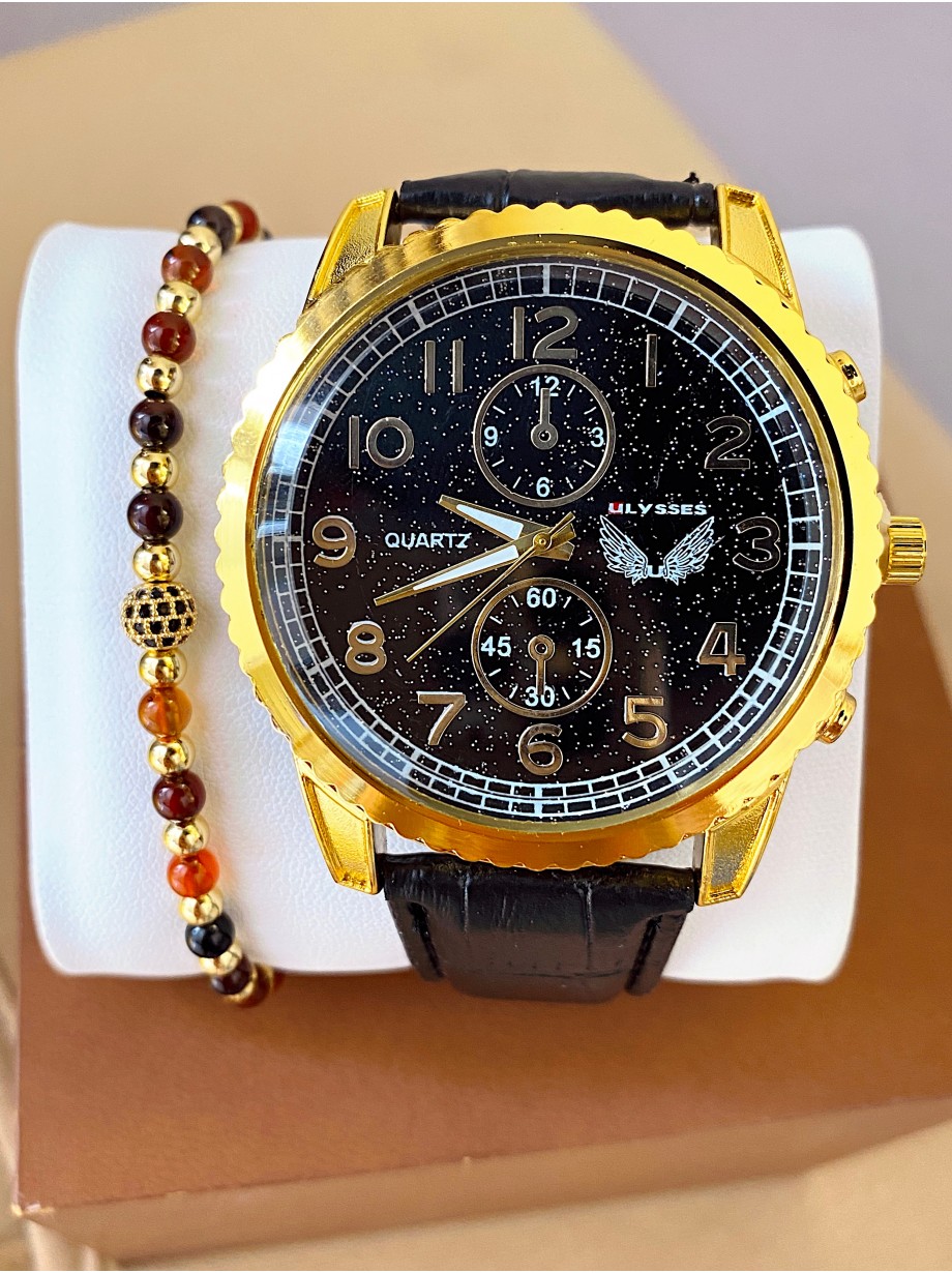 Ceas barbat negru cu bratara din piele ecologica si cadran cu auriu