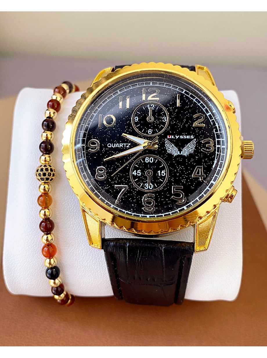 Ceas barbat negru cu bratara din piele ecologica si cadran cu auriu