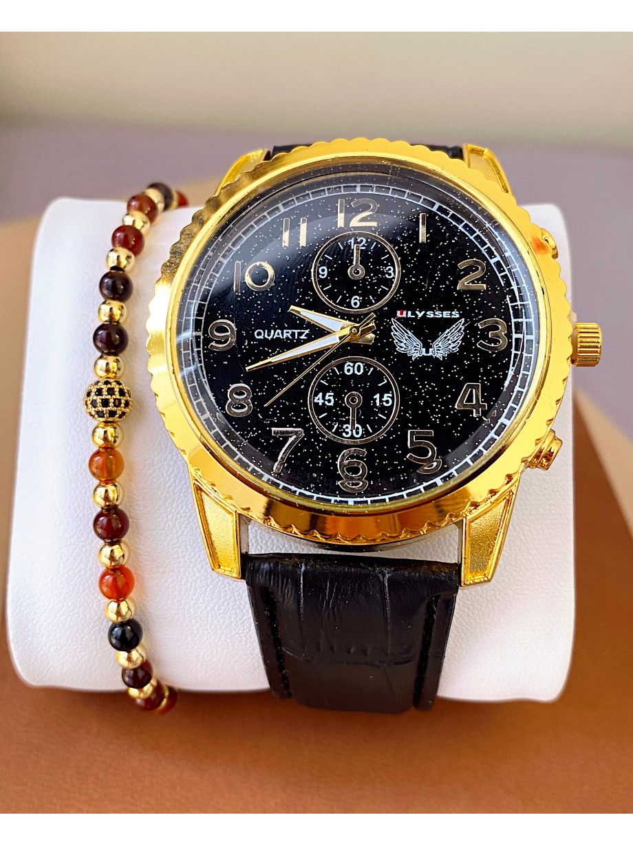 Ceas barbat negru cu bratara din piele ecologica si cadran cu auriu