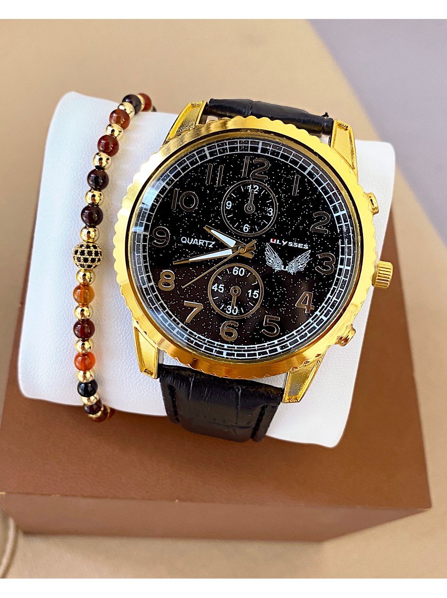 Ceas barbat negru cu bratara din piele ecologica si cadran cu auriu