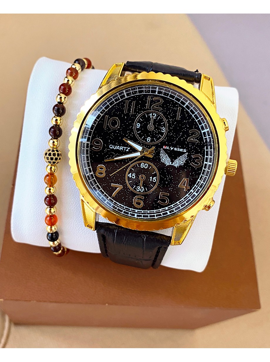 Ceas barbat negru cu bratara din piele ecologica si cadran cu auriu