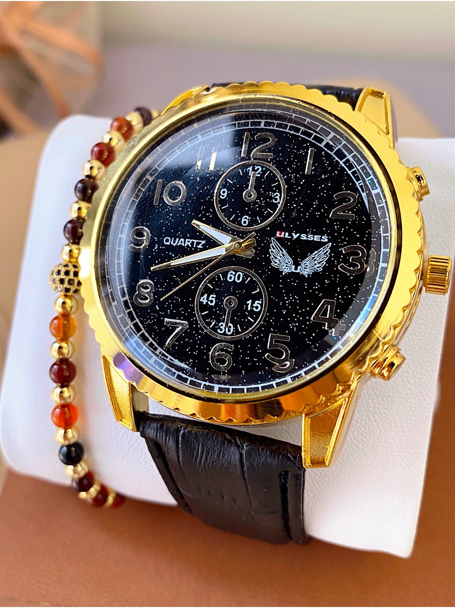 Ceas barbat negru cu bratara din piele ecologica si cadran cu auriu