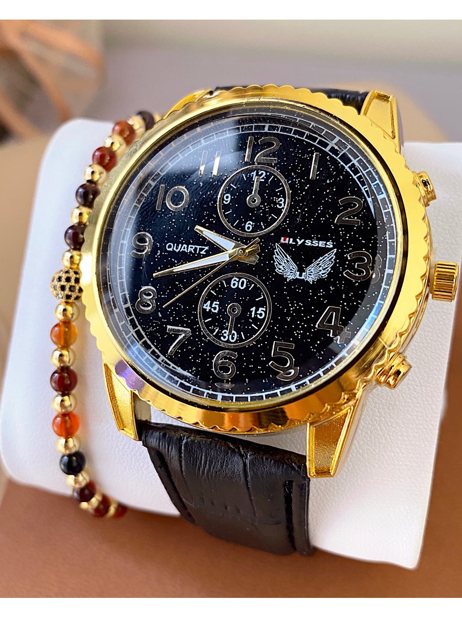 Ceas barbat negru cu bratara din piele ecologica si cadran cu auriu