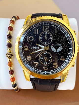 Ceas barbat negru cu bratara din piele ecologica si cadran cu auriu