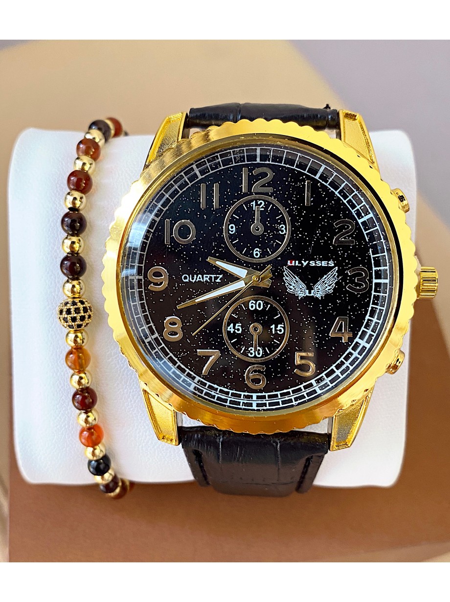 Ceas barbat negru cu bratara din piele ecologica si cadran cu auriu