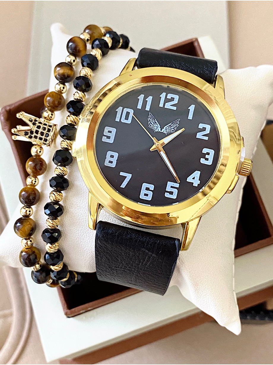 Ceas barbat negru cu bratara din piele ecologica si cadran cu cifre mici