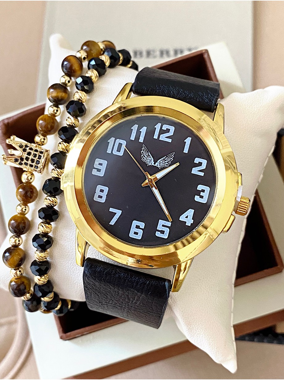 Ceas barbat negru cu bratara din piele ecologica si cadran cu cifre mici