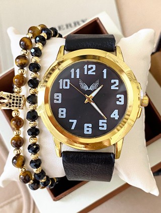 Ceas barbat negru cu bratara din piele ecologica si cadran cu cifre mici