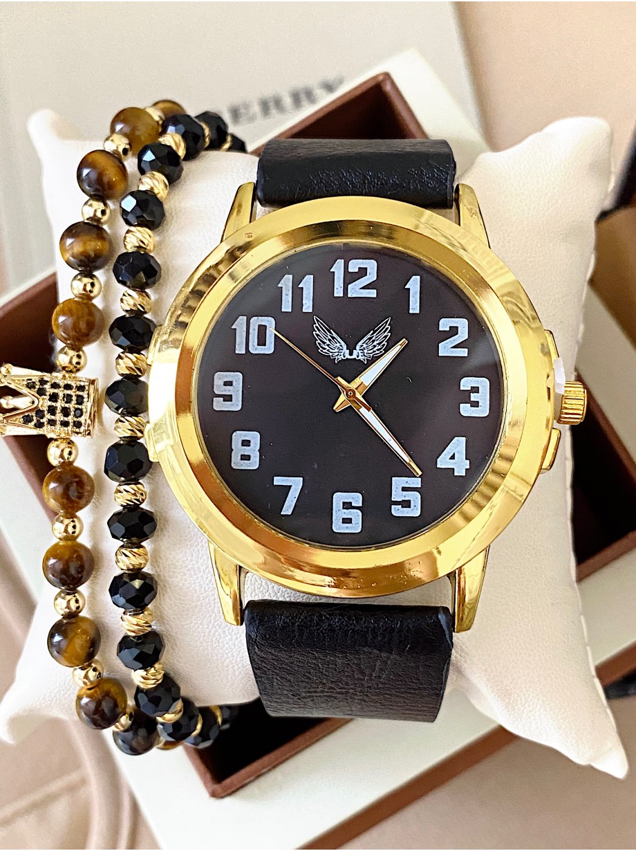 Ceas barbat negru cu bratara din piele ecologica si cadran cu cifre mici