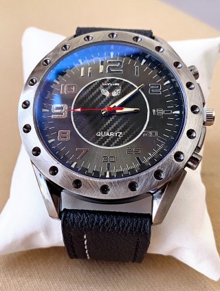 Ceas barbat negru cu bratara din piele ecologica si cadran cu cerc