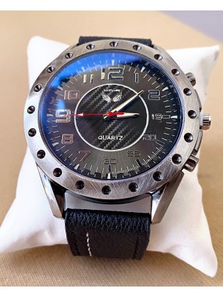 Ceas barbat negru cu bratara din piele ecologica si cadran cu cerc