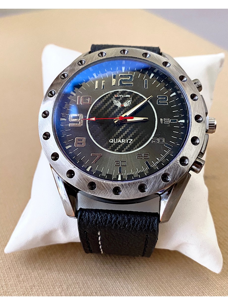 Ceas barbat negru cu bratara din piele ecologica si cadran cu cerc