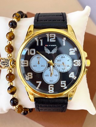 Ceas barbat negru cu bratara din piele ecologica si 3 cadrane