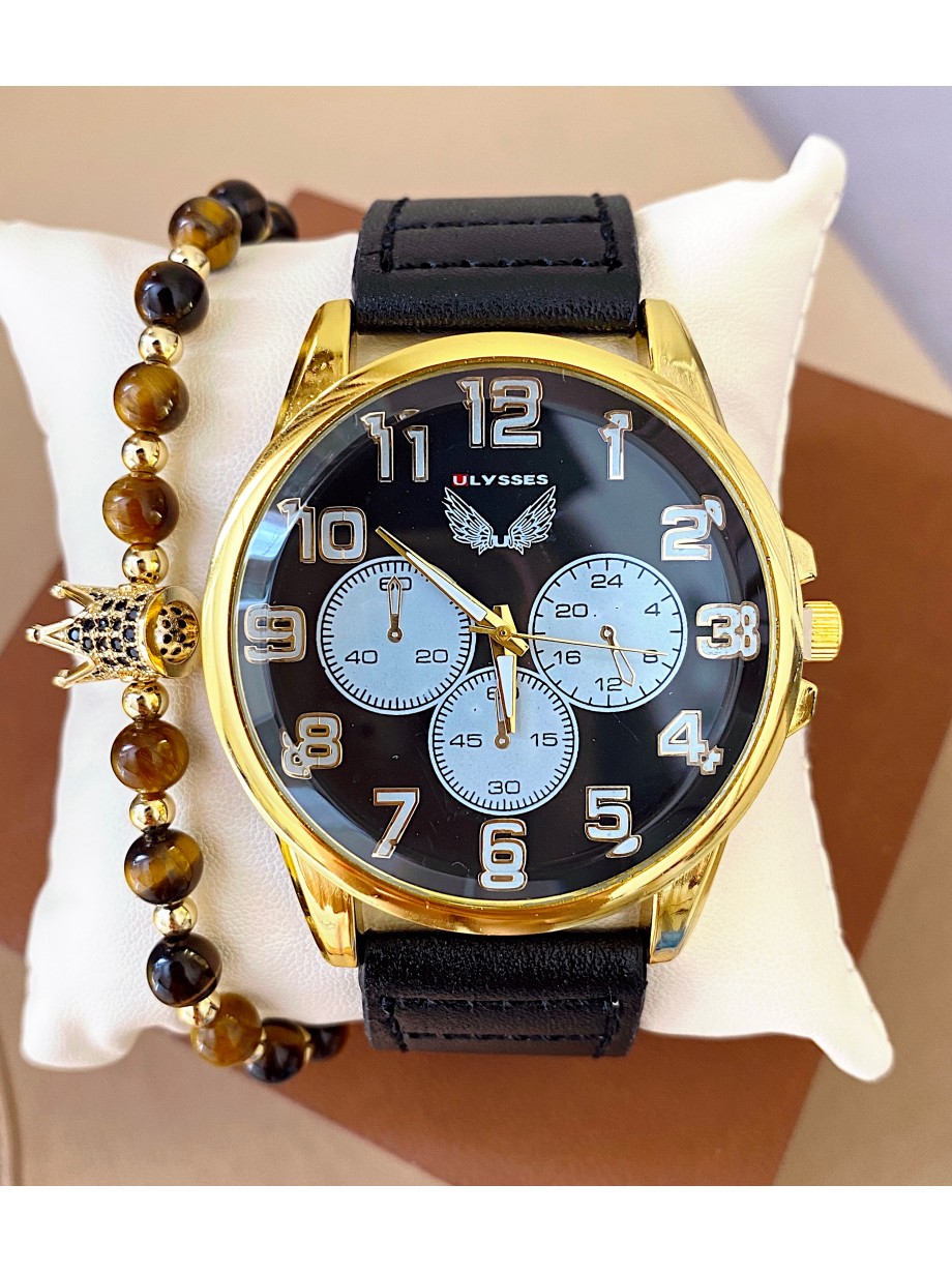 Ceas barbat negru cu bratara din piele ecologica si 3 cadrane