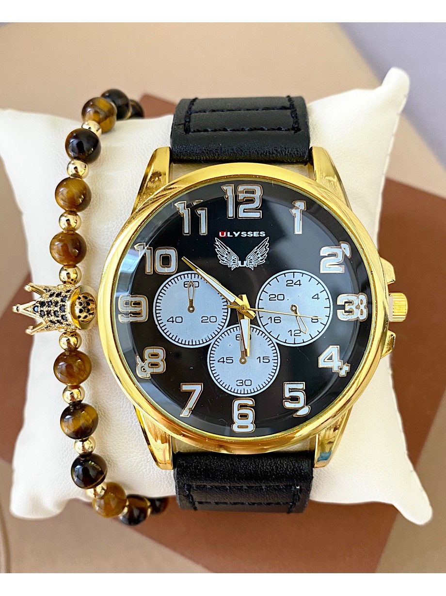 Ceas barbat negru cu bratara din piele ecologica si 3 cadrane