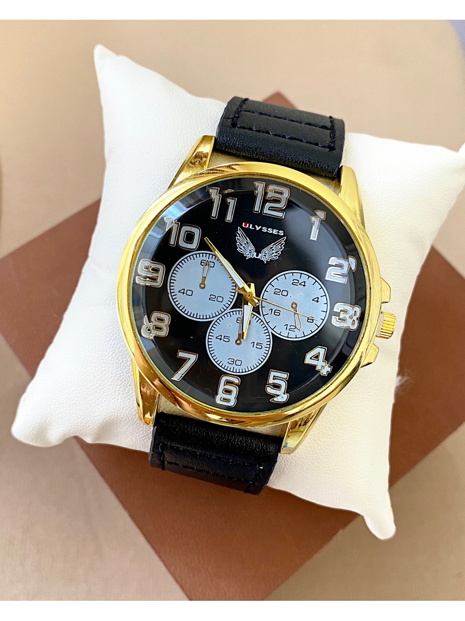 Ceas barbat negru cu bratara din piele ecologica si 3 cadrane