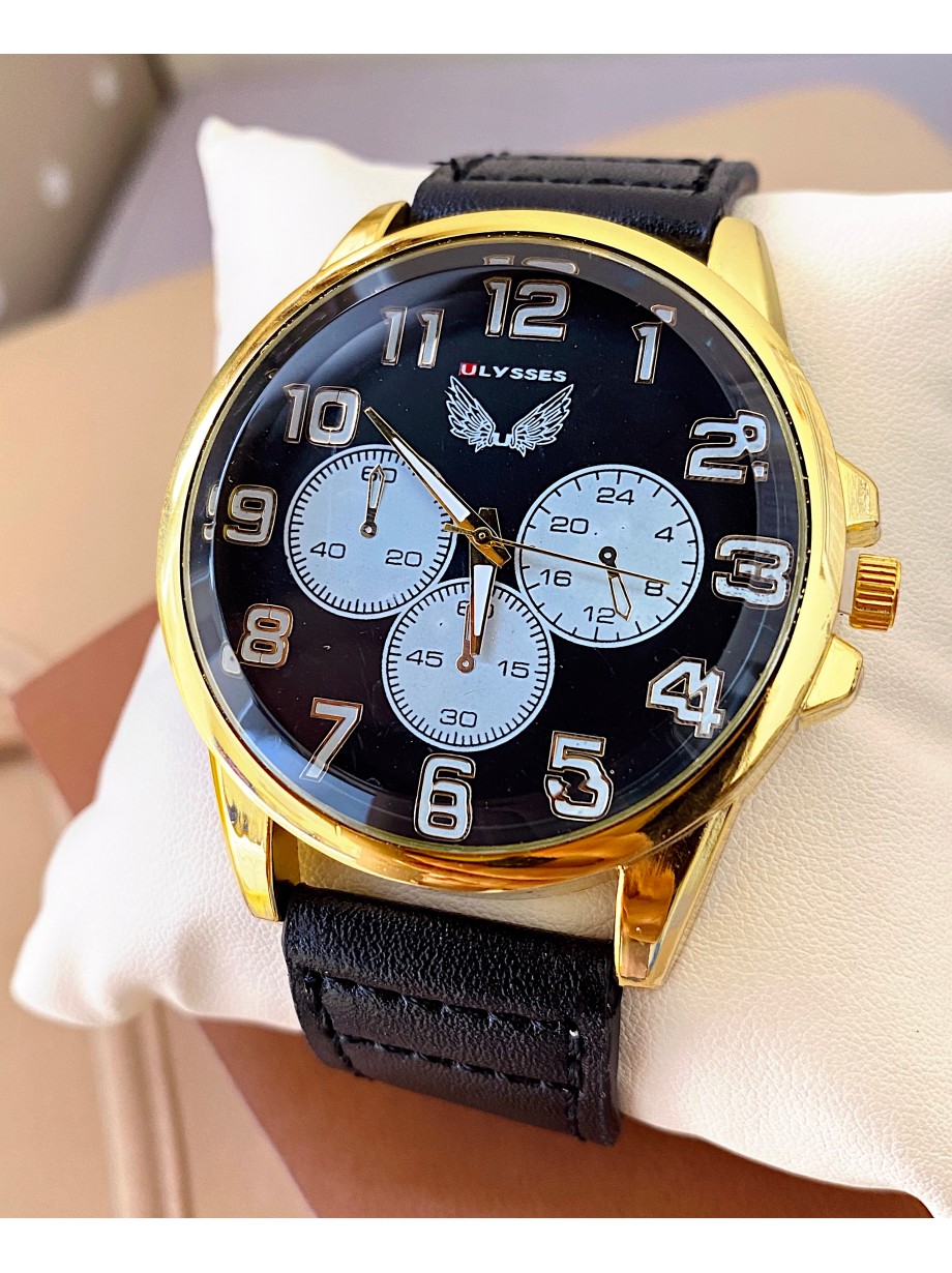 Ceas barbat negru cu bratara din piele ecologica si 3 cadrane