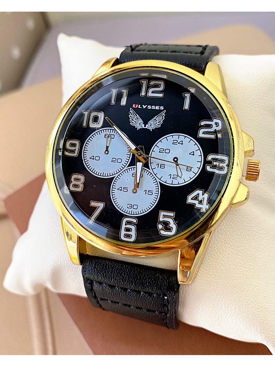 Ceas barbat negru cu bratara din piele ecologica si 3 cadrane