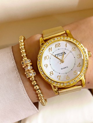 Ceas dama auriu cu bratara metalica si cadran alb