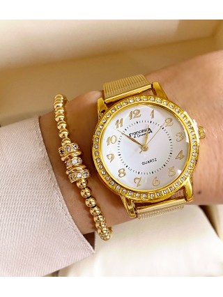 Ceas dama auriu cu bratara metalica si cadran alb