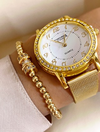 Ceas dama auriu cu bratara metalica si cadran alb