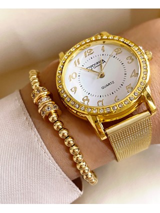 Ceas dama auriu cu bratara metalica si cadran alb