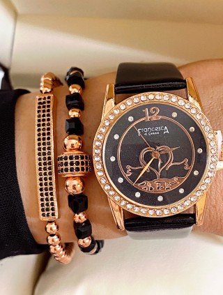 Ceas dama negru cu bratara din piele ecologica si cadran cu inima