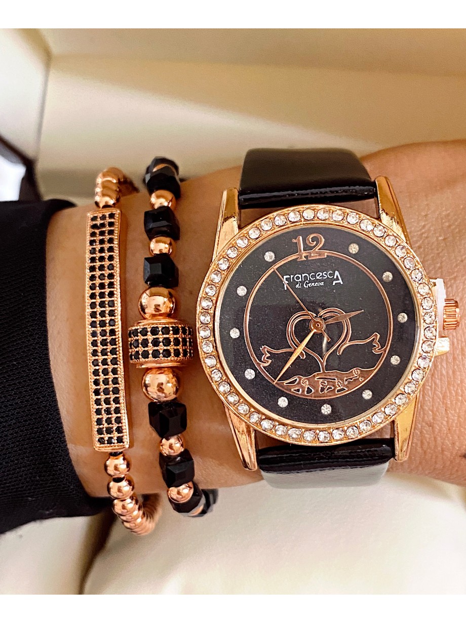 Ceas dama negru cu bratara din piele ecologica si cadran cu inima