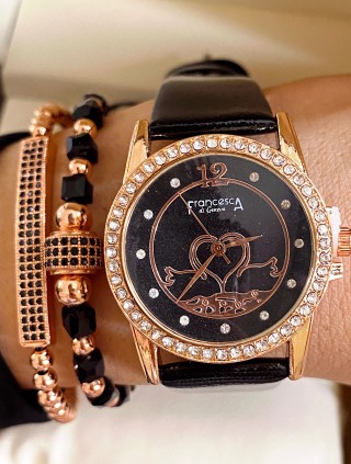 Ceas dama negru cu bratara din piele ecologica si cadran cu inima