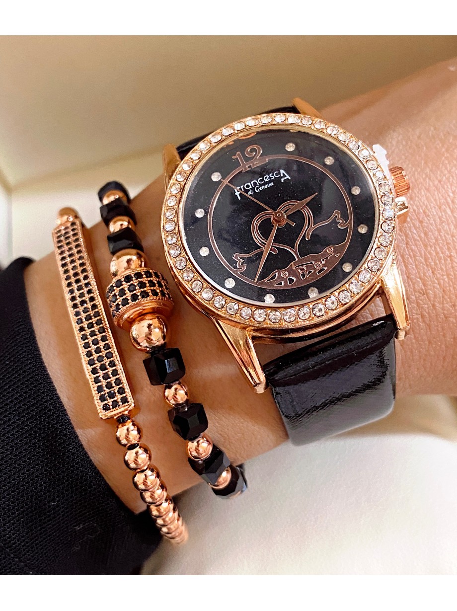 Ceas dama negru cu bratara din piele ecologica si cadran cu inima