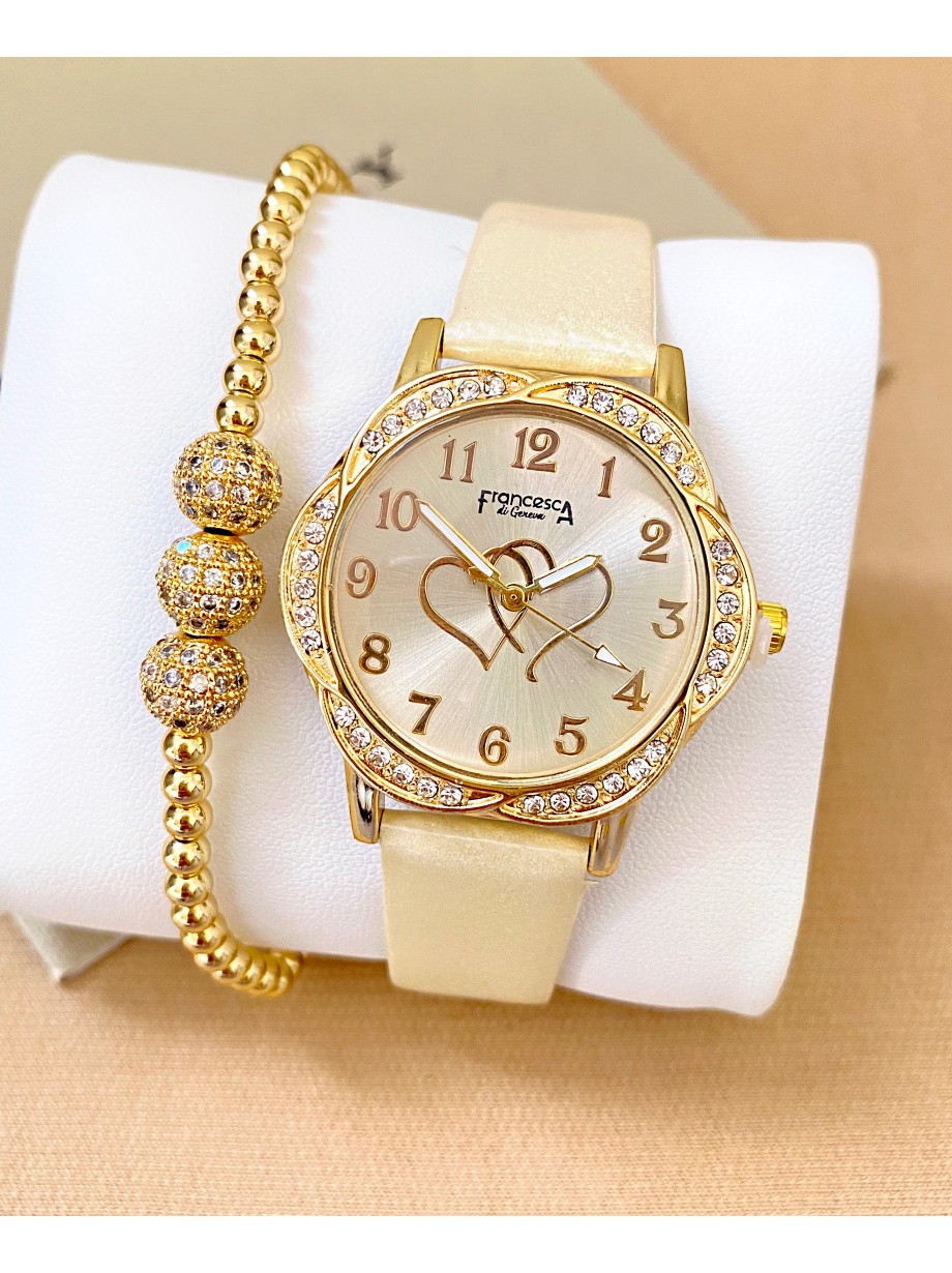 Ceas dama crem cu bratara din piele ecologica si cadran cu inima