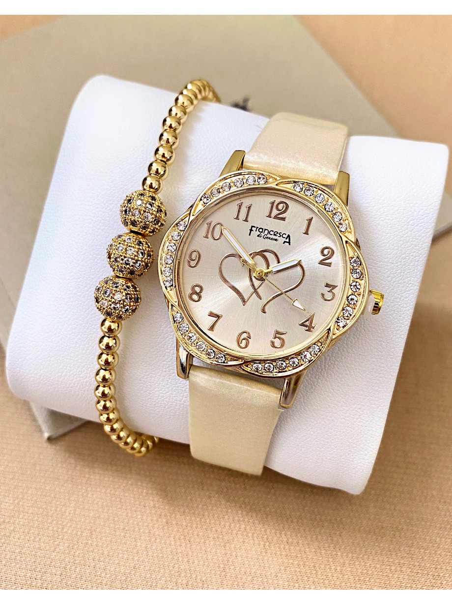 Ceas dama crem cu bratara din piele ecologica si cadran cu inima