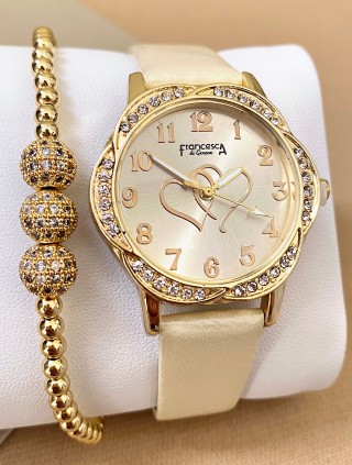 Ceas dama crem cu bratara din piele ecologica si cadran cu inima