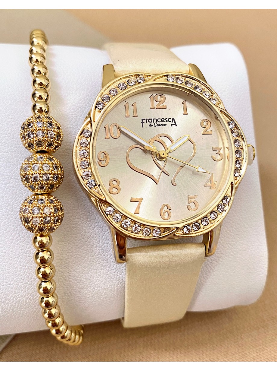 Ceas dama crem cu bratara din piele ecologica si cadran cu inima