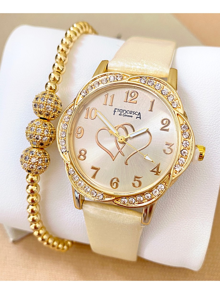 Ceas dama crem cu bratara din piele ecologica si cadran cu inima