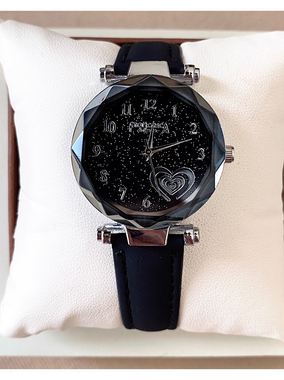 Ceas dama negru cu bratara din piele ecologica si cadran cu inima