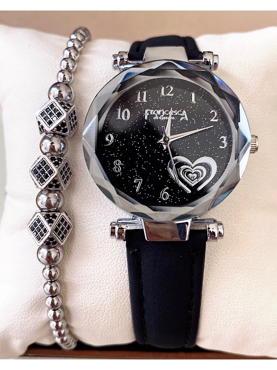 Ceas dama negru cu bratara din piele ecologica si cadran cu inima