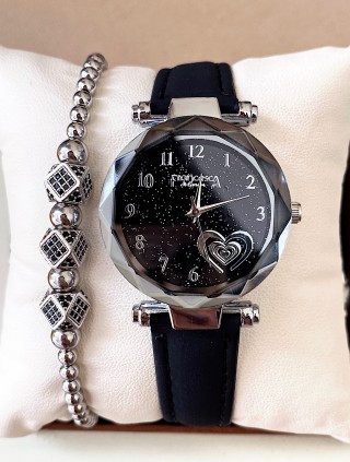 Ceas dama negru cu bratara din piele ecologica si cadran cu inima