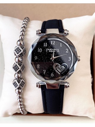 Ceas dama negru cu bratara din piele ecologica si cadran cu inima