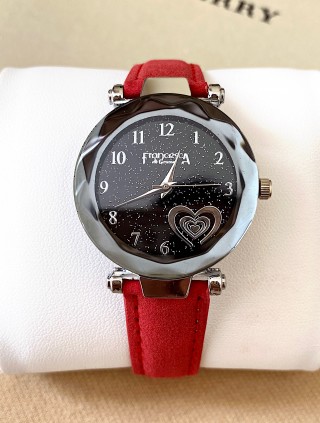 Ceas dama rosu cu bratara din piele ecologica si cadran cu inima