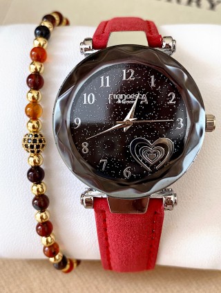 Ceas dama rosu cu bratara din piele ecologica si cadran cu inima