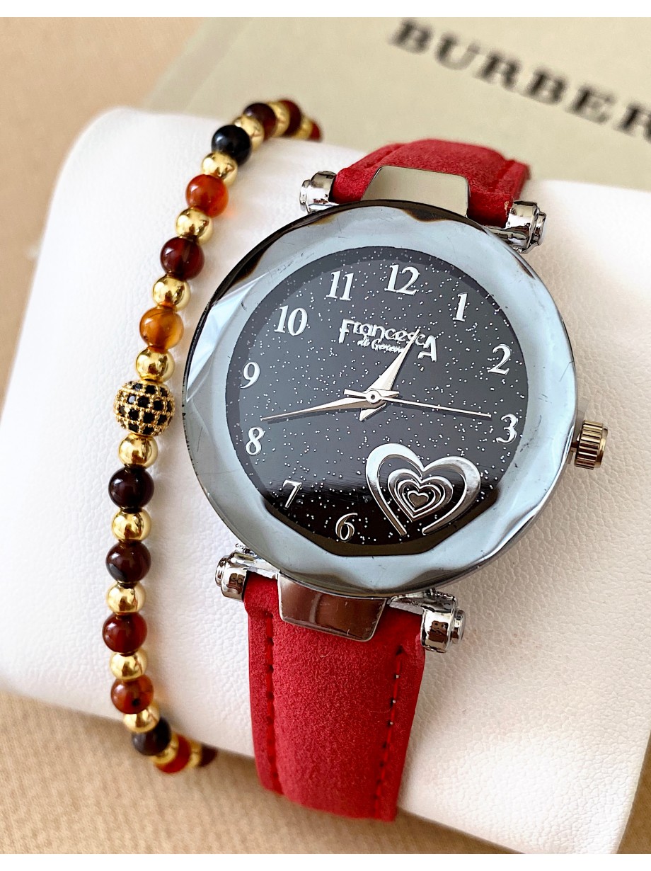 Ceas dama rosu cu bratara din piele ecologica si cadran cu inima