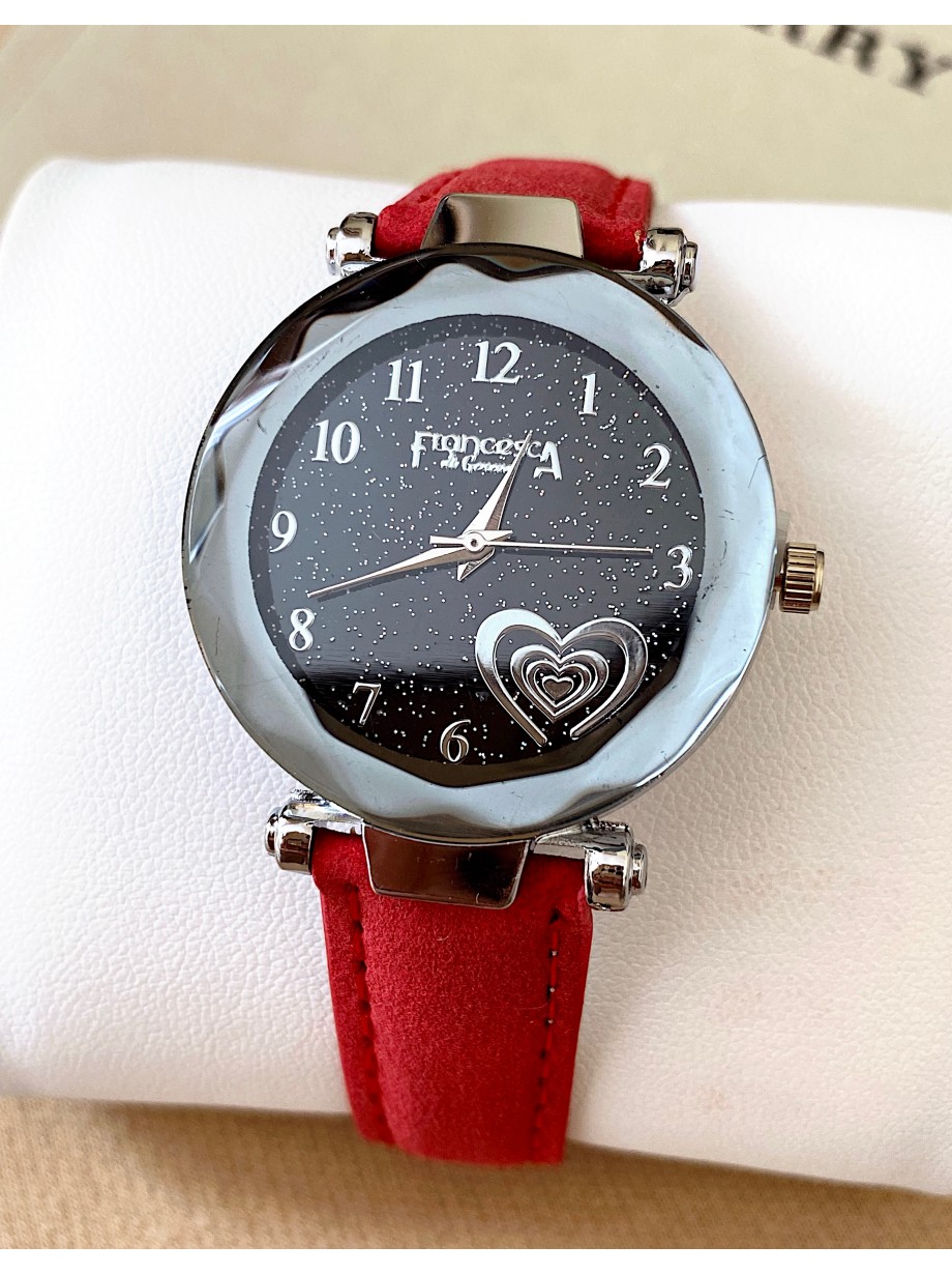 Ceas dama rosu cu bratara din piele ecologica si cadran cu inima