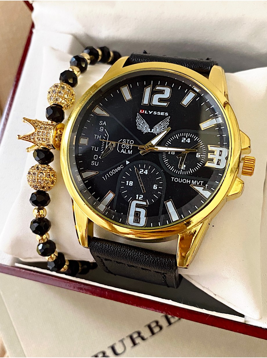 Ceas barbat negru cu bratara din piele ecologica si cadran auriu