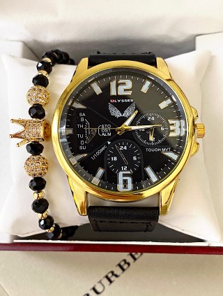 Ceas barbat negru cu bratara din piele ecologica si cadran auriu