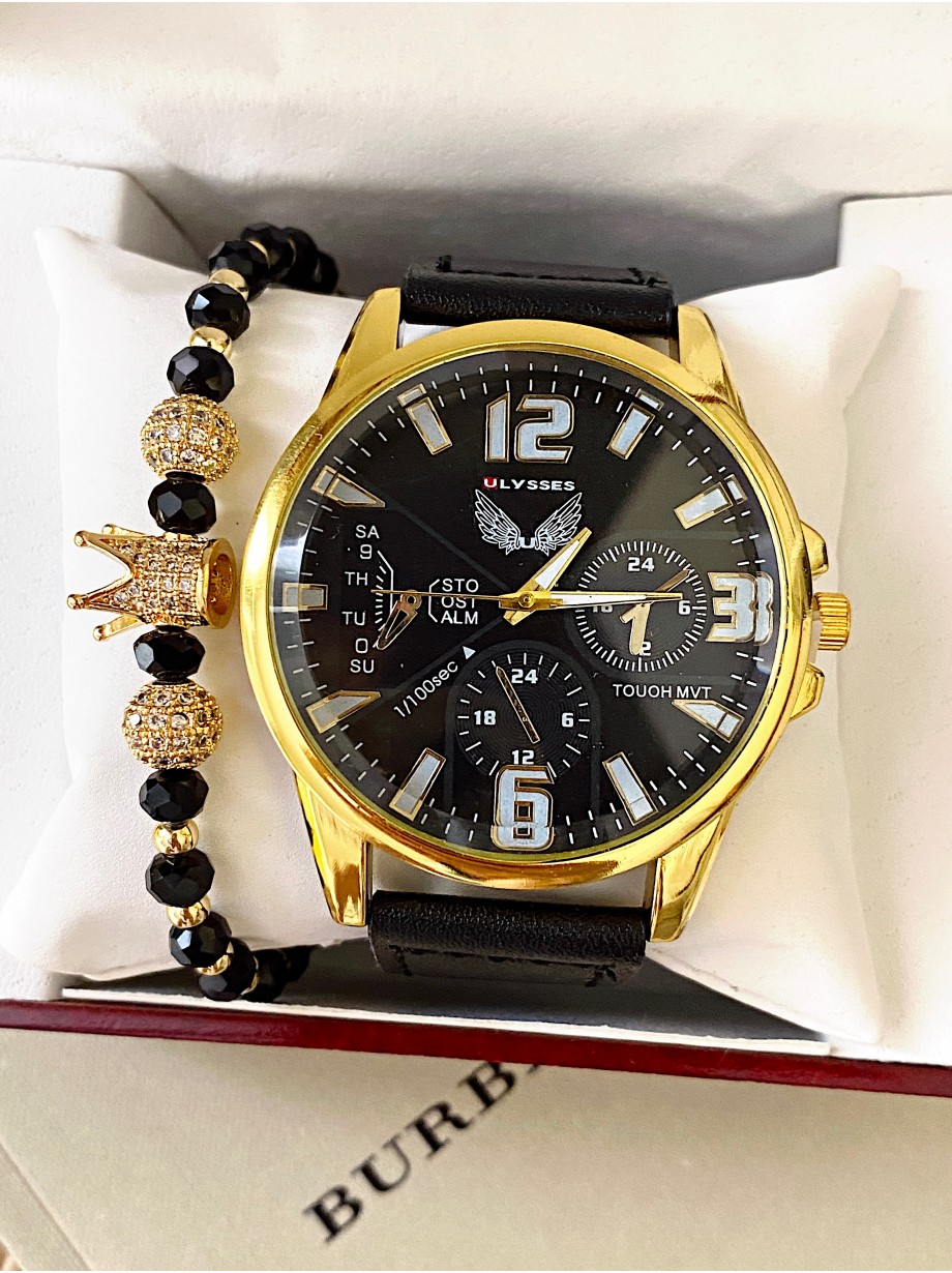 Ceas barbat negru cu bratara din piele ecologica si cadran auriu