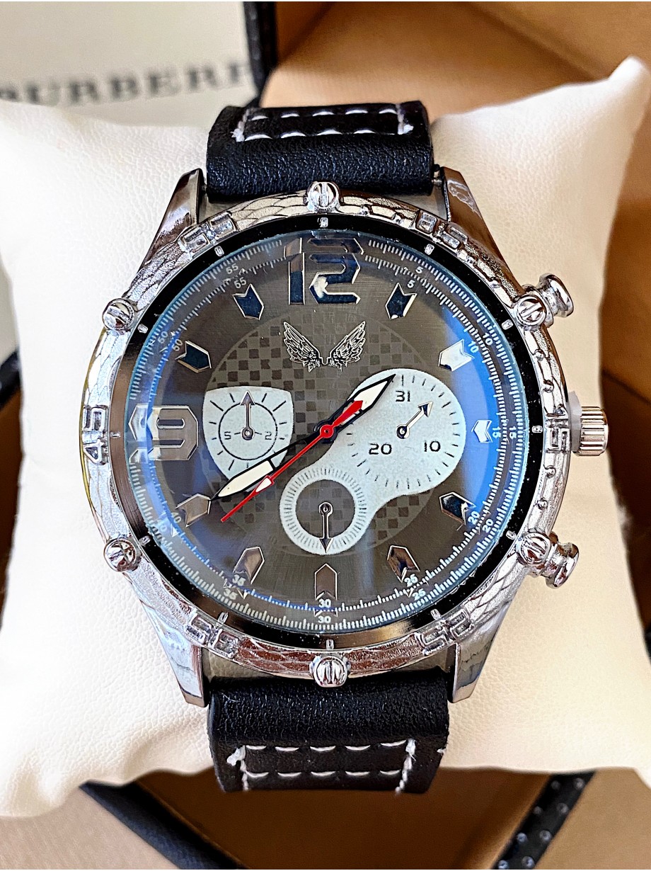 Ceas barbat negru cu bratara din piele ecologica si cadran cu argintiu