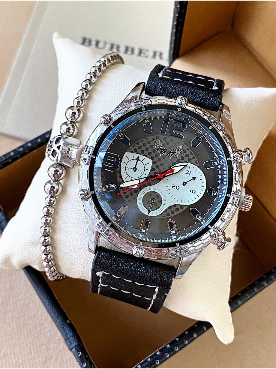 Ceas barbat negru cu bratara din piele ecologica si cadran cu argintiu